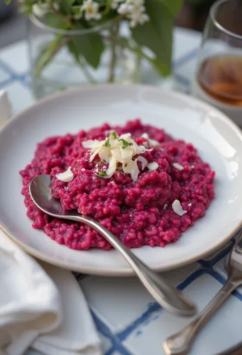 Rizoto me panxhar, teksturë kremoze, e shërbyer me majdanoz të freskët dhe parmixhan vegan.