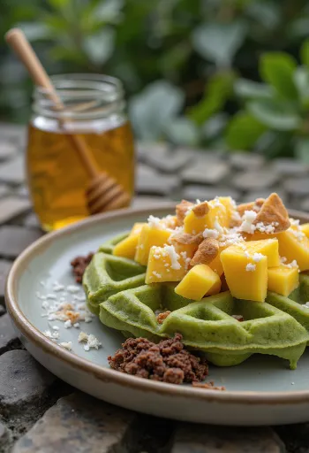 Gofre fusion të shërbyera me matcha dhe mango