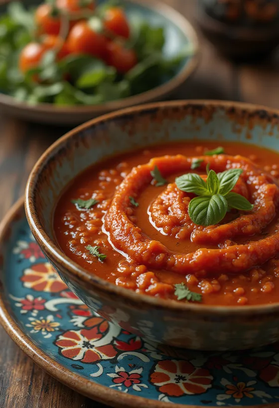 Salcë domatesh me paprika të tymosur e servirur me patate të skuqura