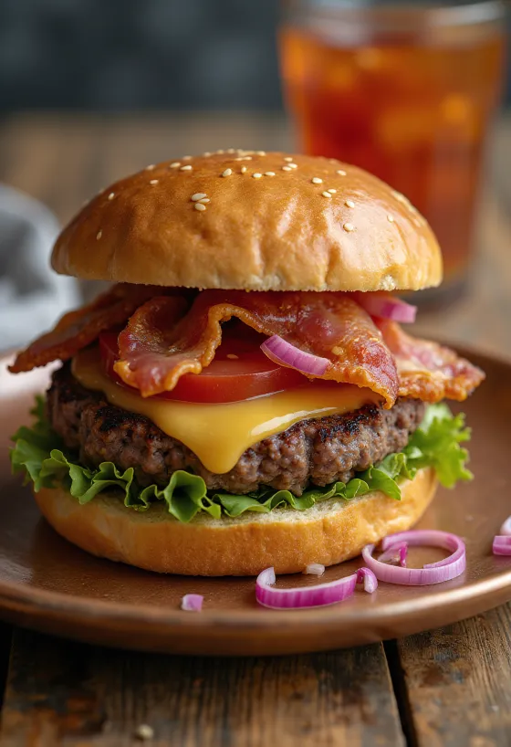 Burger vegan me 'bacon' dhe perime të freskëta