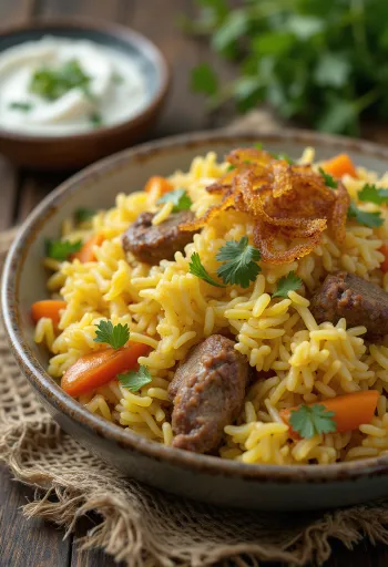 Biryani me mish qengji dhe perime i servirur
