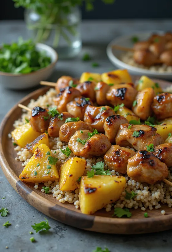 Qebapë të ëmbël dhe të thartë me mishra të pjekur në skarë, ananas dhe salcë kosi