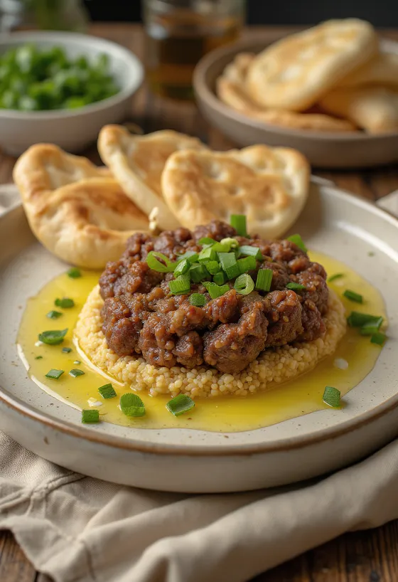 Kibbeh Nayyeh e shërbyer me bukë pite të freskët dhe fara shege