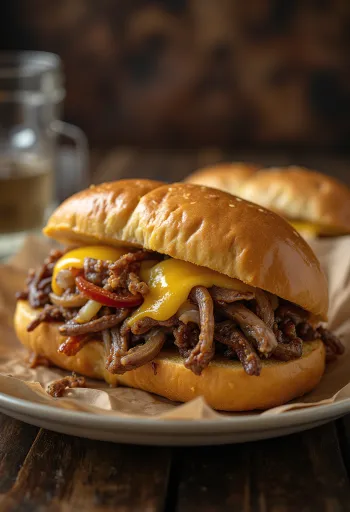 Sendviç Philly Cheesesteak i servirur me patate të skuqura dhe sallatë