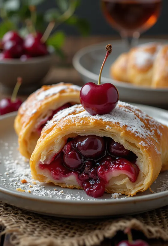 Strudel me vishnje dhe rum i servirur