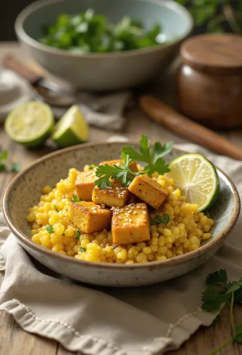 Kerri me kinoa, hudhër, limon jeshil dhe tofu