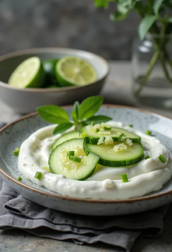 Salcë kosi me kastravec, limon dhe kopër e servirur