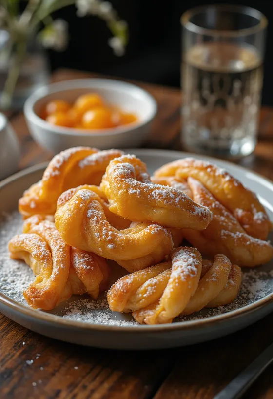 Kroštule të spërkatura me sheqer pluhur, të servirura me reçel