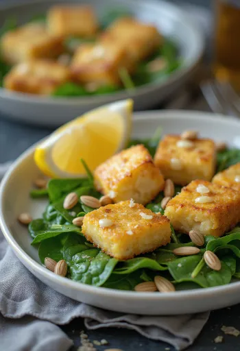 Tofu me hudhrë dhe sallatë spinaqi e shërbyer, me perime të freskëta dhe kërcitëse
