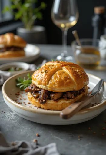 Hamburger Wellington i sapopjekur në brumë petë, me kërpudha dhe mustardë Dijon