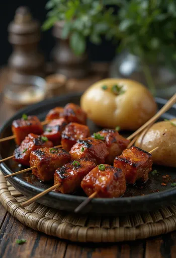 Anticuchos në hell të shërbyer me perime zgare