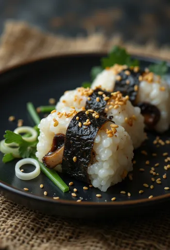 Omusubi me kërpudha miso, toptha orizi japonez me salcë kërpudhash miso dhe susam