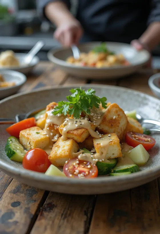 Sallatë tofu me hudhër dhe tahini
