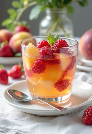 Xhelatinë frutash shumëngjyrëshe e shtresëzuar me copa frutash të freskëta, shërbyer në xhelatinë transparente