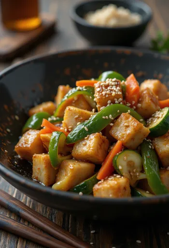 Tofu i skuqur i shërbyer me perime, speca shumëngjyrësh dhe fara susami