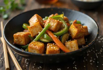 Tofu i skuqur i shërbyer me perime, speca shumëngjyrësh dhe fara susami