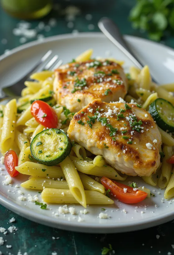 Gjoks pule me makarona, pesto dhe perime i servirur