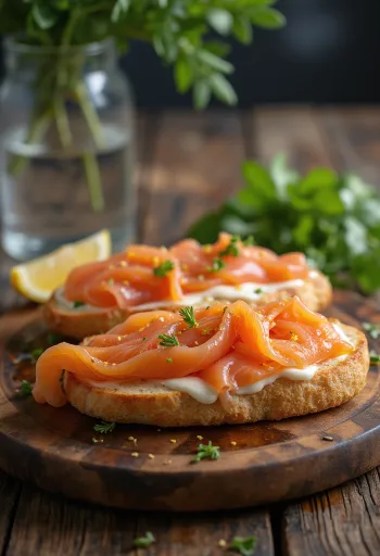 Focaccia me salmon të tymosur dhe kopër e servirur