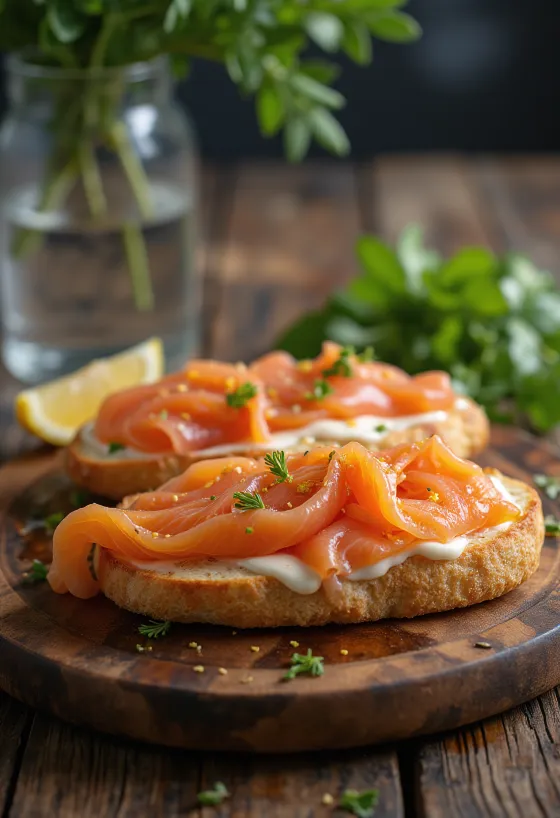 Focaccia me salmon të tymosur dhe kopër e servirur