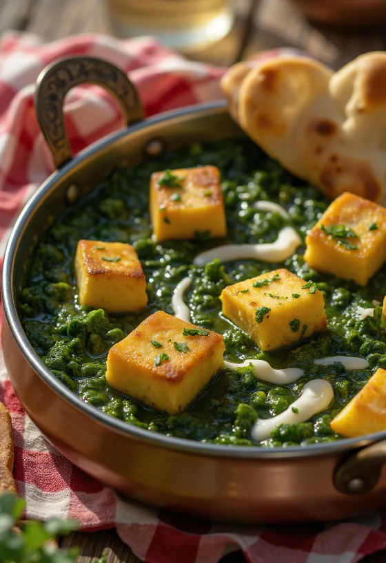 Palak paneer me lëng limoni, e shërbyer me koriandër të freskët