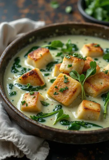 Tofu e skuqur në salcë spinaqi e servirur