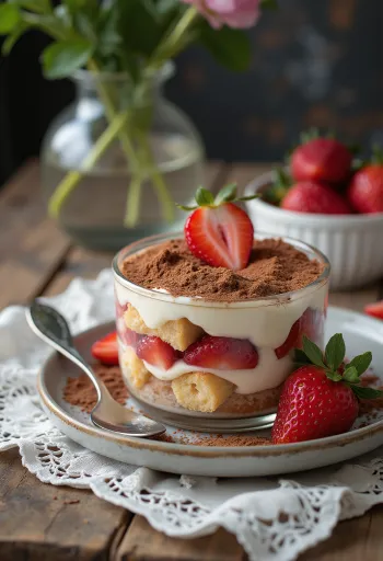 Tiramisu me luleshtrydhe me biskota savojar të shtresuara dhe krem mascarpone, e zbukuruar me luleshtrydhe të freskëta