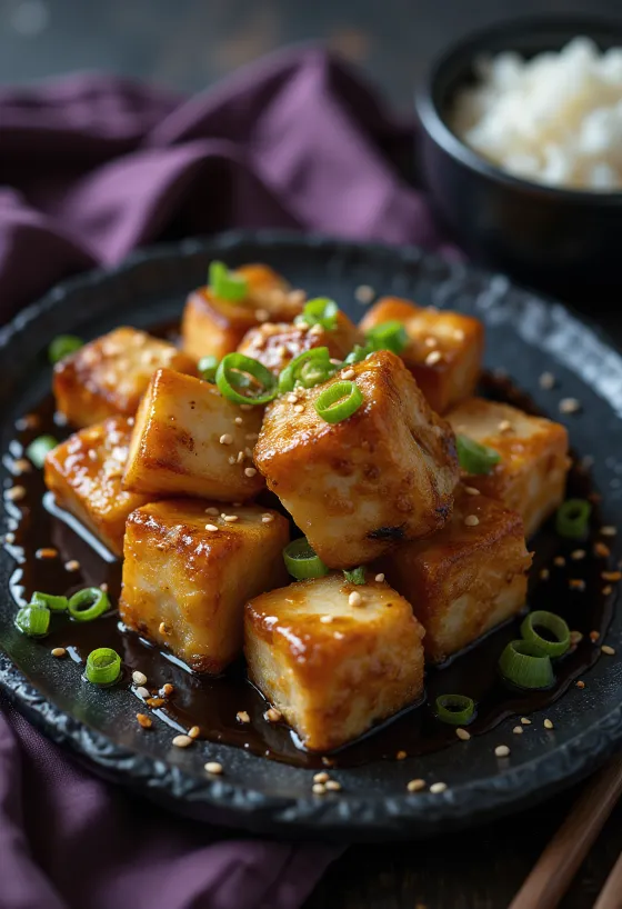 Tofu e skuqur në marinadë soje e servirur