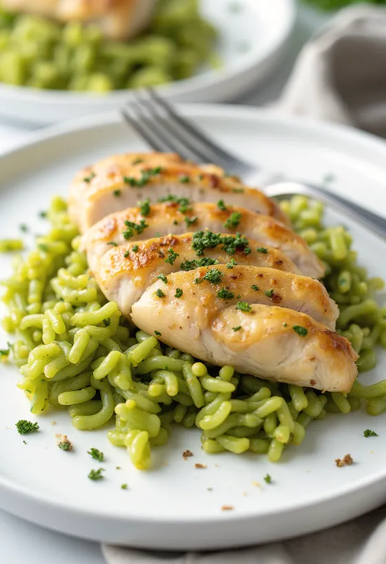 Gjoks pule me oriz me pesto i shërbyer