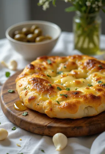 Focaccia me djathë të tymosur dhe hudhër e servirur
