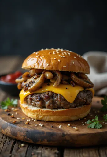 Burger me kërpudha të skuqura dhe djathë