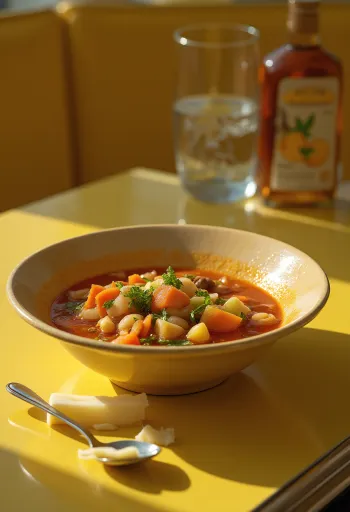 Supë italiane me perime të freskëta e shërbyer, zbukuruar me perime dhe erëza.