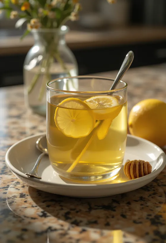 Pije e nxehtë me xhinxher dhe limon e shërbyer në gotë