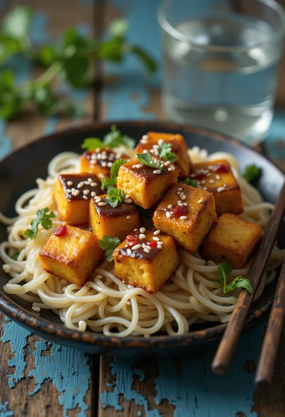 Tofu e skuqur me salcë tajlandeze e servirur