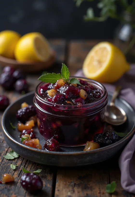 Çatni me verë të kuqe, mjaltë dhe limon në kavanoz