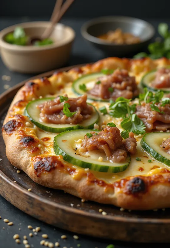 Peking Duck Pizza me rosë peking dhe salcë hoisin