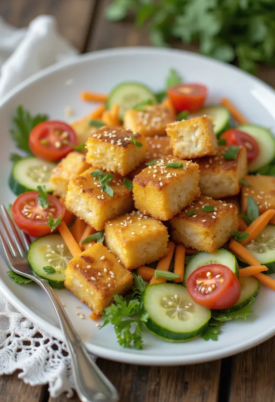 Tofu i pjekur i shërbyer me sallatë perimesh