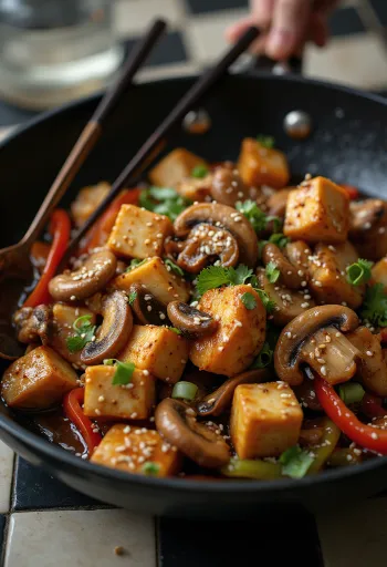 Tofu me kërpudha në wok me perime të skuqura dhe salcë soje
