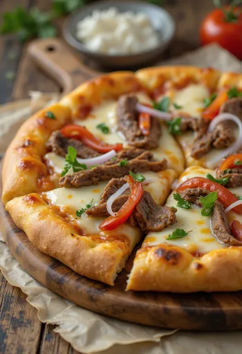 Philly cheesesteak pizza me feta bifteku dhe speca