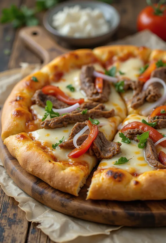 Philly cheesesteak pizza me feta bifteku dhe speca