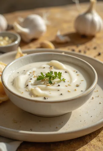 Salcë me rozmarinë dhe hudhër në një tas, e shërbyer me rozmarinë të freskët dhe bukë të thekur.