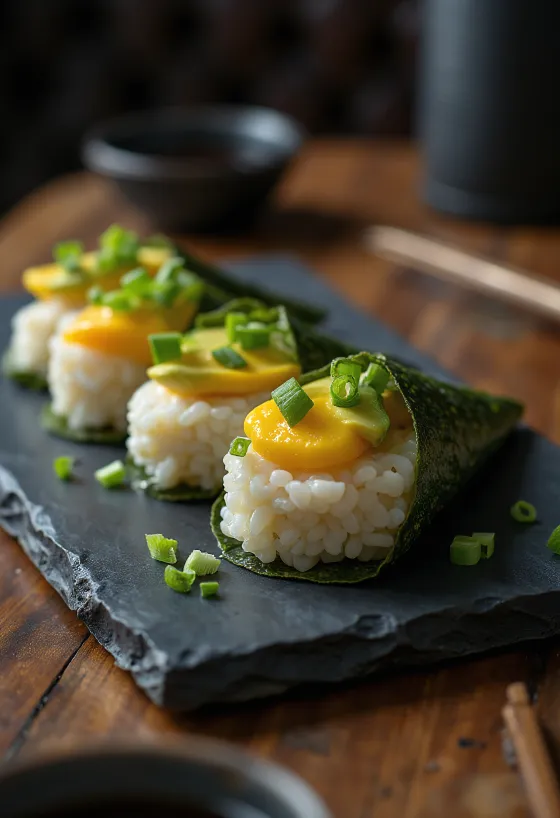 Temaki me Tamagoyaki, shërbyer me perime të freskëta