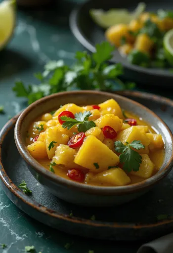 Salcë djegëse me ananas dhe keri e shërbyer në tas