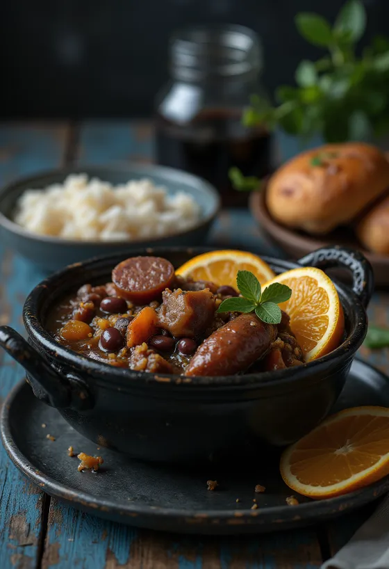 Feijoada e servuar me oriz dhe feta portokalli