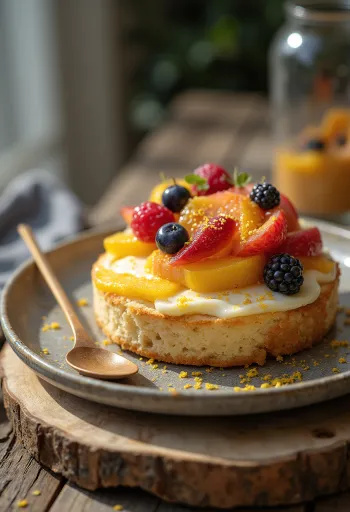Tortë me gjizë dhe fruta e servirur në feta
