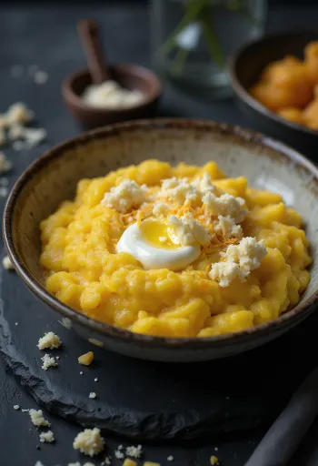 Polenta e sapo gatuar, kremoze, e shërbyer me gjalpë dhe djathë, në tabaka druri.