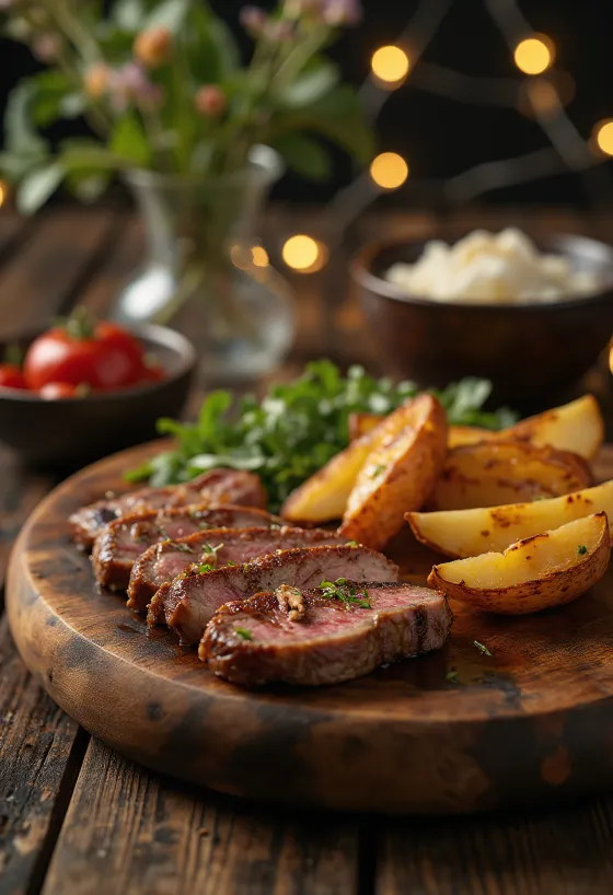 Mish ariu në zgarë i servirur me patate dhe sallatë