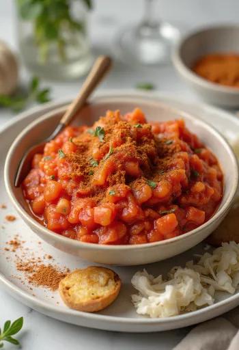 Salcë domatesh me rozmarinë dhe paprika në një tas, e zbukuruar me rozmarinë të freskët dhe paprika.