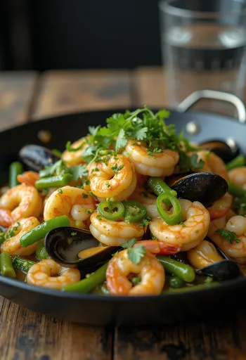 Bicol Express me fruta deti, shërbyer me koriandër të freskët dhe garniturë orizi