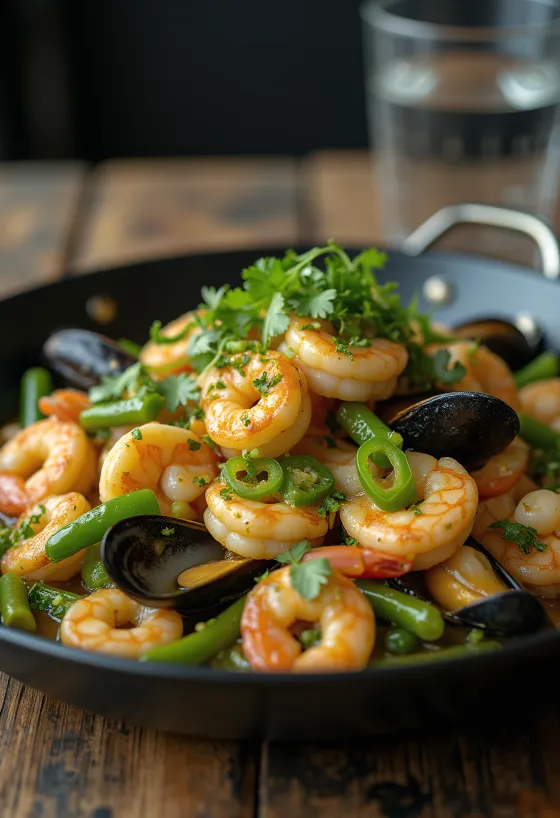 Bicol Express me fruta deti, shërbyer me koriandër të freskët dhe garniturë orizi