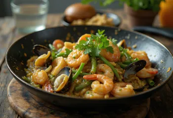 Bicol Express me fruta deti, shërbyer me koriandër të freskët dhe garniturë orizi